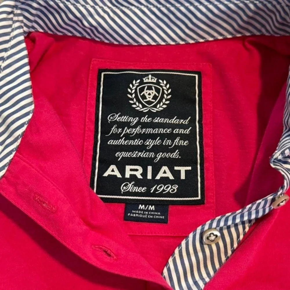 Ariat Women's Medium Pink Equestrian Polo Shirt Striped Trim Performance M/M - Picture 2 of 3